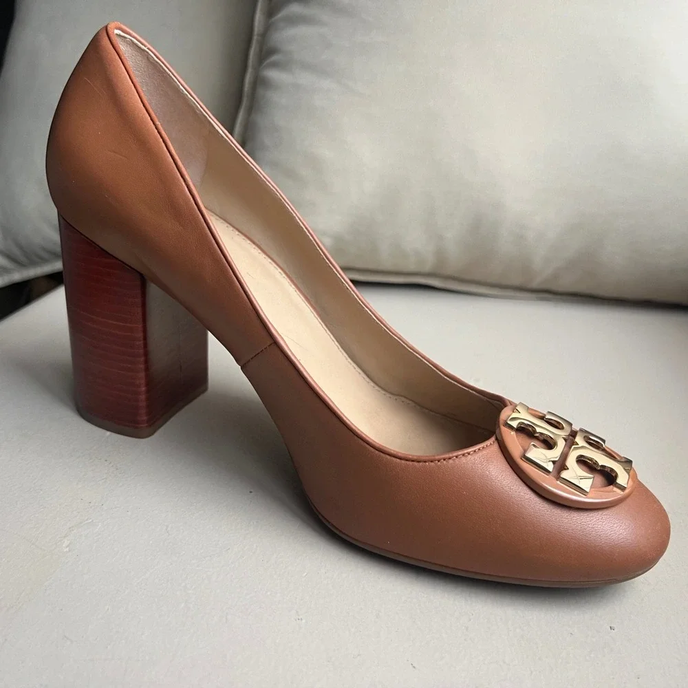 Tory Burch Janey Women 10.5 Tan Brown Leather Block Wood‎ Grain Heel Logo Pump